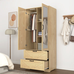 English Elm 2 Door Wardrobe Closet with Full Length Mirror Motion Light Hanging Rod and Drawers Natural W409P266780