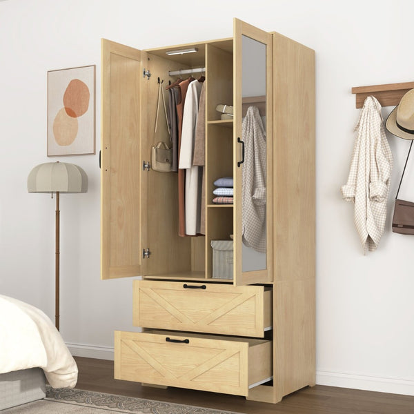 English Elm 2 Door Wardrobe Closet with Full Length Mirror Motion Light Hanging Rod and Drawers Natural W409P266780