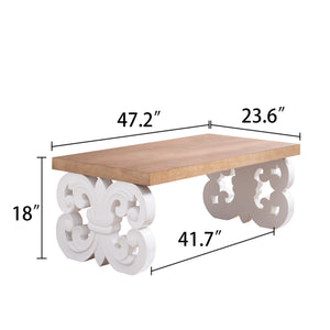 English Elm Ornate 47" Wood Coffee Table with White Carved Base and Natural Top — Farmhouse Charm, Durable Accent Piece W2729P298232
