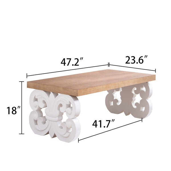 English Elm Ornate 47" Wood Coffee Table with White Carved Base and Natural Top — Farmhouse Charm, Durable Accent Piece W2729P298232