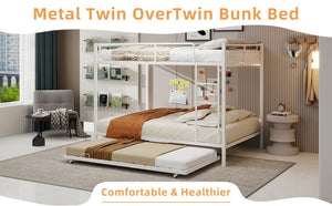 English Elm Durable Iron Bunk Bed With Trundle And Safety Rails, Modern Design For Kids & Guests, Easy Assembly W1935P360863