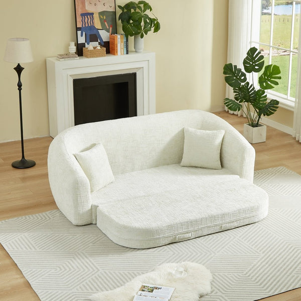 English Elm 87-inch Curved Chenille Convertible Sofa Recliner Bed with Pull-out Base for Living Room Beige W3505P452804
