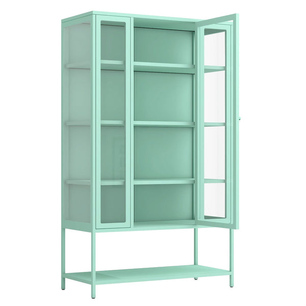 English Elm 67.25'' Tall Steel Curio Cabinet with Led Lighting and Tempered Glass Panels Cyan SN845P263995T