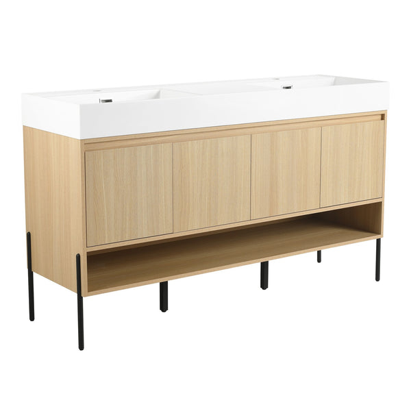 English Elm 60" Oak Bathroom Vanity Combo with Resin Basin, 4-Door Storage, Multi-Layer Wood Frame, Modern Elegance W1972S00011
