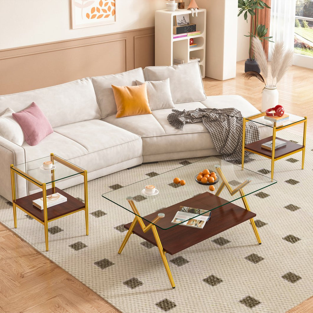 English Elm Coffee Table Set Of 3 With Tempered Glass & Mdf Storage Layer - Modern Living Room Tables! W241S00051