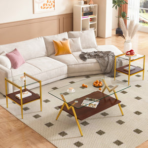 English Elm Coffee Table Set Of 3 With Tempered Glass & Mdf Storage Layer - Modern Living Room Tables! W241S00051