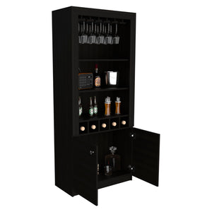 English Elm Montenegro Tall Black Bar Cabinet with Wine Storage Open Shelving and Glass Rack B070S00343