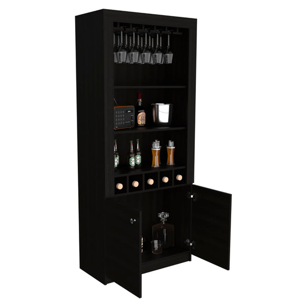 English Elm Montenegro Tall Black Bar Cabinet with Wine Storage Open Shelving and Glass Rack B070S00343