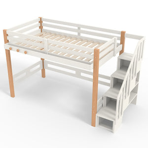 English Elm Twin Pine Wood Loft Bed with Built-in Shelving and Hook for Kids Bedroom W5305S00010