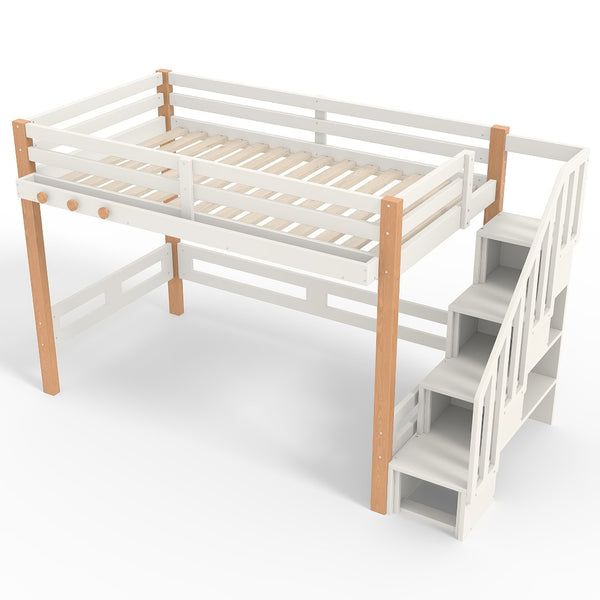 English Elm Twin Pine Wood Loft Bed with Built-in Shelving and Hook for Kids Bedroom W5305S00010