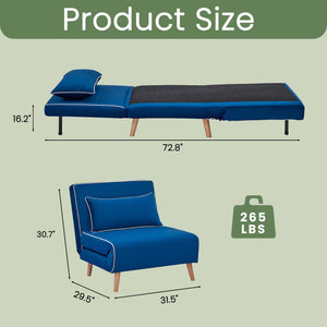 English Elm CANON Velvet Foldable Sleeper Chair with Piping — 3-Position Quiet Recline, Converts to Bed Fast Blue W3391P324987