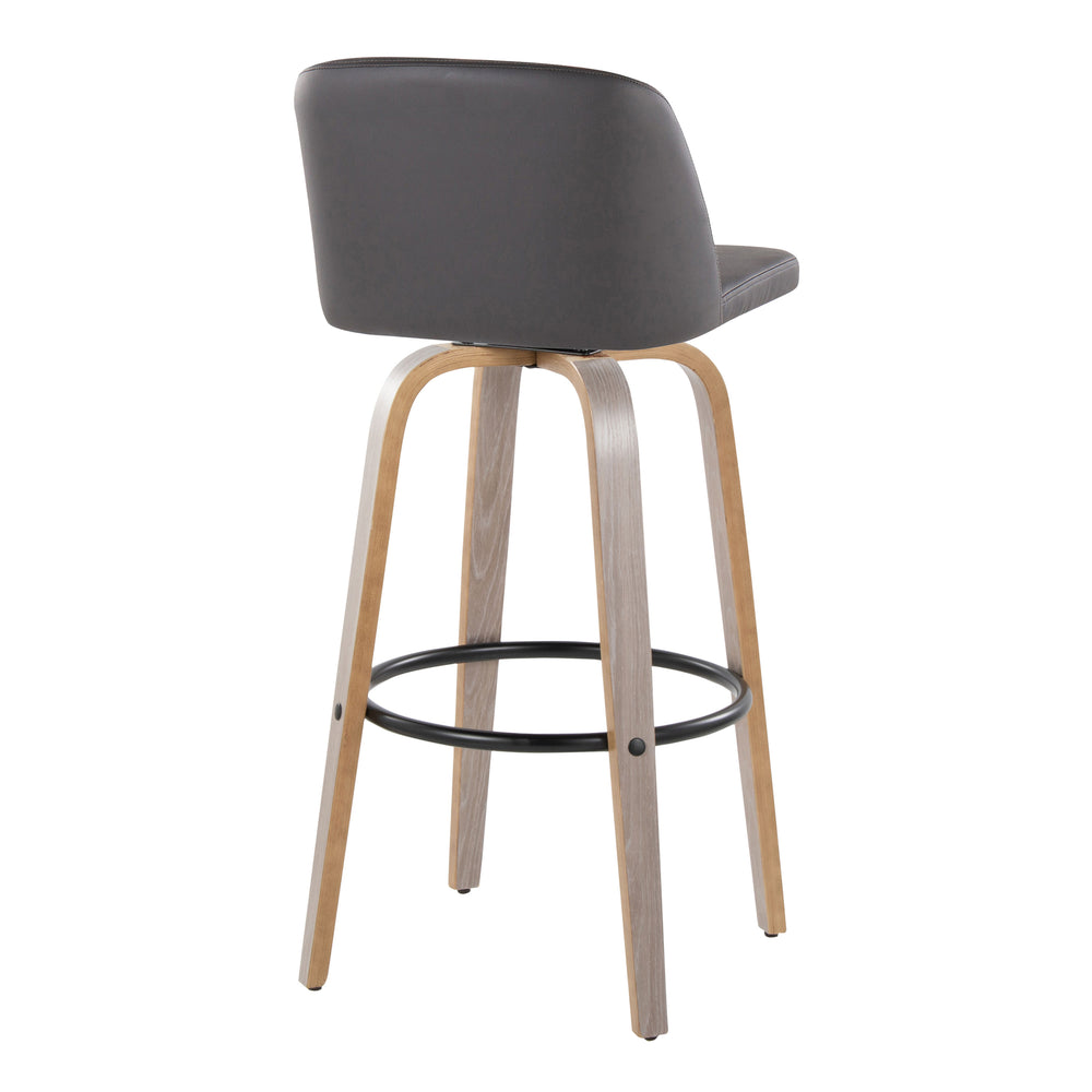 English Elm Toriano 30" Contemporary Fixed-Height Barstool Set of 2 – Grey Faux Leather Swivel, Bent Wood Legs, Black Footrest B202S00694
