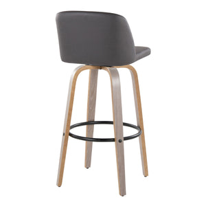 English Elm Toriano 30" Contemporary Fixed-Height Barstool Set of 2 – Grey Faux Leather Swivel, Bent Wood Legs, Black Footrest B202S00694