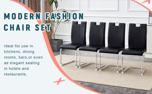 English Elm Set Of 4 Bow-Shaped Black Pu Chairs - Modern Elegance For Dining, Office, And Lounge Spaces W3226P279082-GIGA