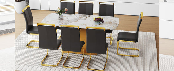 English Elm Table Set - Luxurious Pandora Patterned Dining Table With 8 Black Pu Chairs & Golden C-Shaped Legs W1151S03234-GIGA