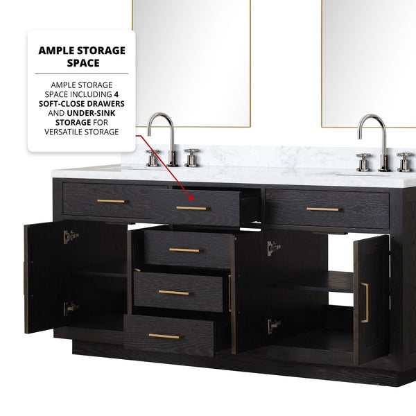 English Elm Black Oak Double Bath Vanity 72" W With Carrara Marble Top, Chrome Faucets & 34" Mirrors Included B2731S02175
