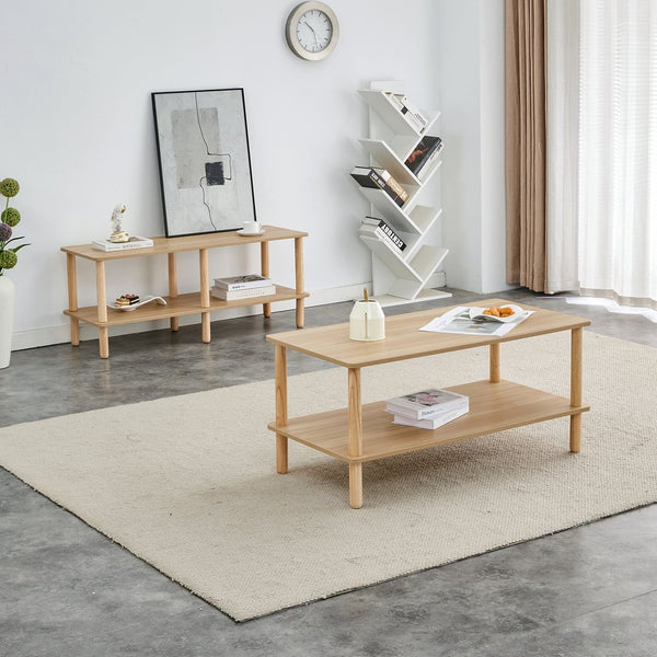 English Elm Modern 2-Tier Coffee Table with Open Shelf, Solid Wood + MDF, Rounded Legs, Durable Farmhouse Style Burly Wood W3226P279107