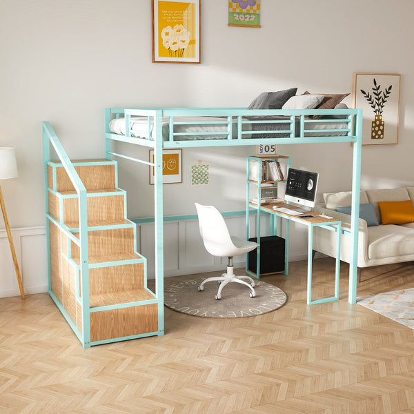 English Elm Full Loft Bed with Desk, 4 Cabinets & Staircase Storage — Metal Frame, Built-In USB/Outlets, Space-Saver Green W2700S00060