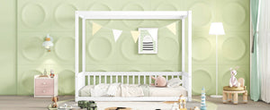 English Elm Twin Canopy Frame Floor Bed With Guardrails – Charming White Design For Cozy Kids' Rooms & Playtime W504P143278-GIGA