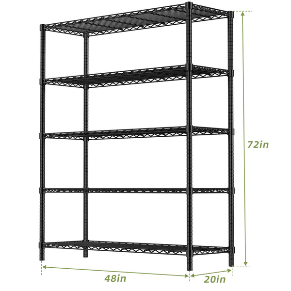 English Elm 48" 5-Tier Black Wire Shelf — Heavy-Duty 400 lb Per Tier, Adjustable 48"x20"x72" Rust-Resistant Rack T3210P308323