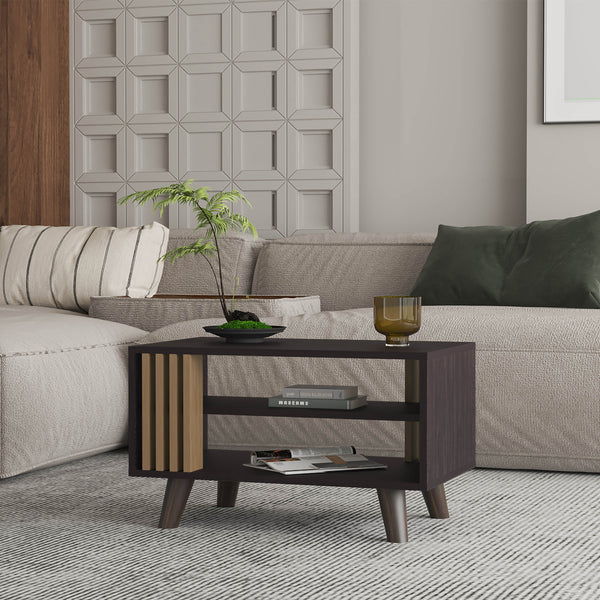 English Elm Shark Modern Coffee Table with Open Storage Shelves, Wenge & Oak Finish, Compact 15.8"H Stylish Design B128P375311