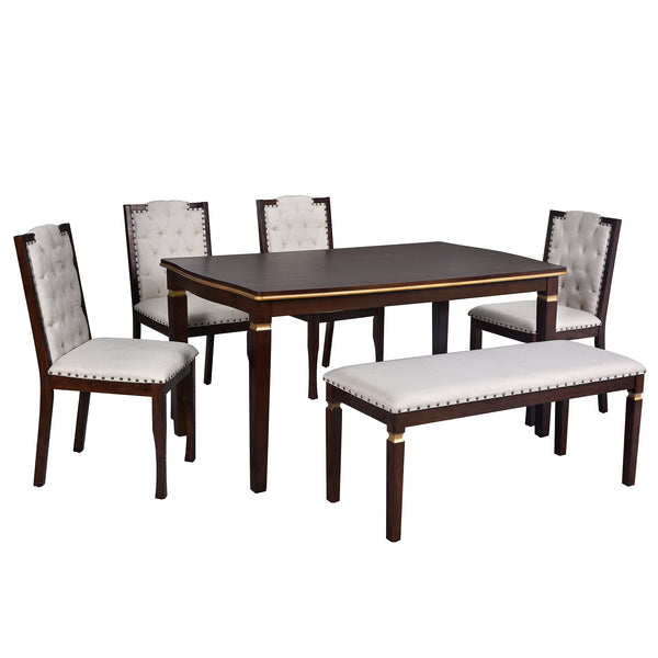 English Elm 6-Piece Kitchen Dining Set with 60" Rectangular Table, Tufted High-Back Chairs & Bench, Durable Wood Espresso N752S001080P