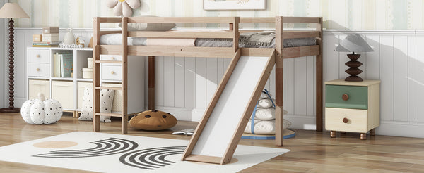 English Elm Twin Low Loft Bed with Slide and Ladder for Kids, Rubberwood Frame, Safety Guardrails & Playspace White Oak W504P218527