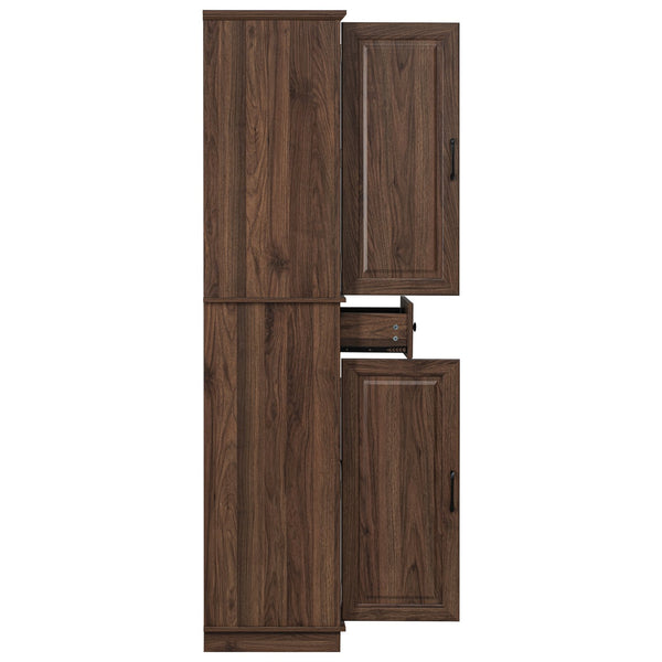 English Elm K&K 71" Tall Farmhouse Pantry Cabinet with Groove Edges, 3 Pull-Out Organizers, 6 Door Shelves Brown N707P256507Z
