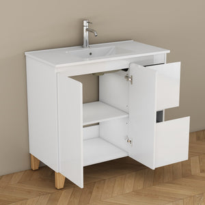 English Elm 36-inch Glossy White Bathroom Vanity with Ceramic Sink Soft Close Drawers Minimalist W3151S00068