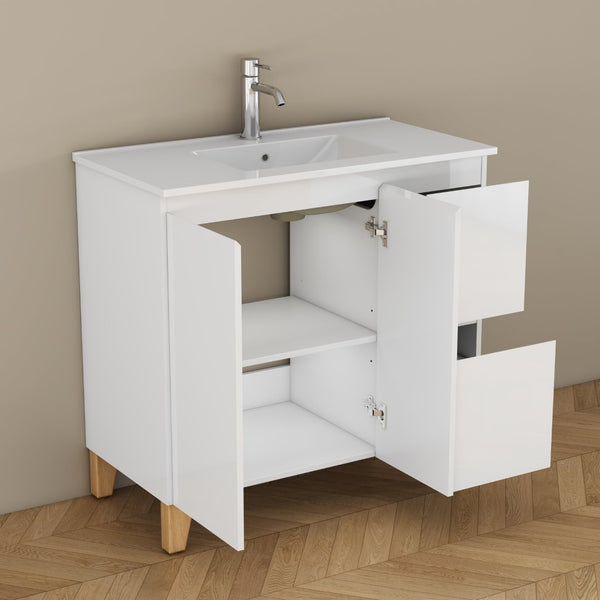 English Elm 36-inch Glossy White Bathroom Vanity with Ceramic Sink Soft Close Drawers Minimalist W3151S00068