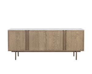 Sunpan Briar Mid-Century Modern Sideboard with White Marble Top and Antique Brass Accents for Stylish Storage Weathered Oak