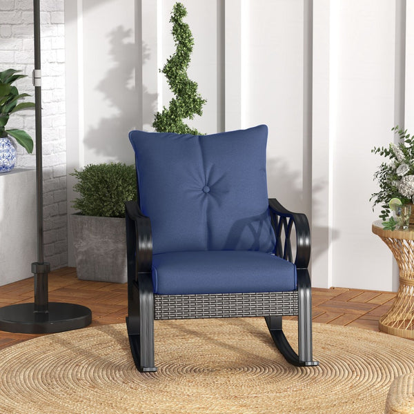 English Elm Outsunny Outdoor Wicker Rocking Chair With Plush Cushions - Stylish Garden & Patio Rocker In Navy Blue W2225P174017-GIGA