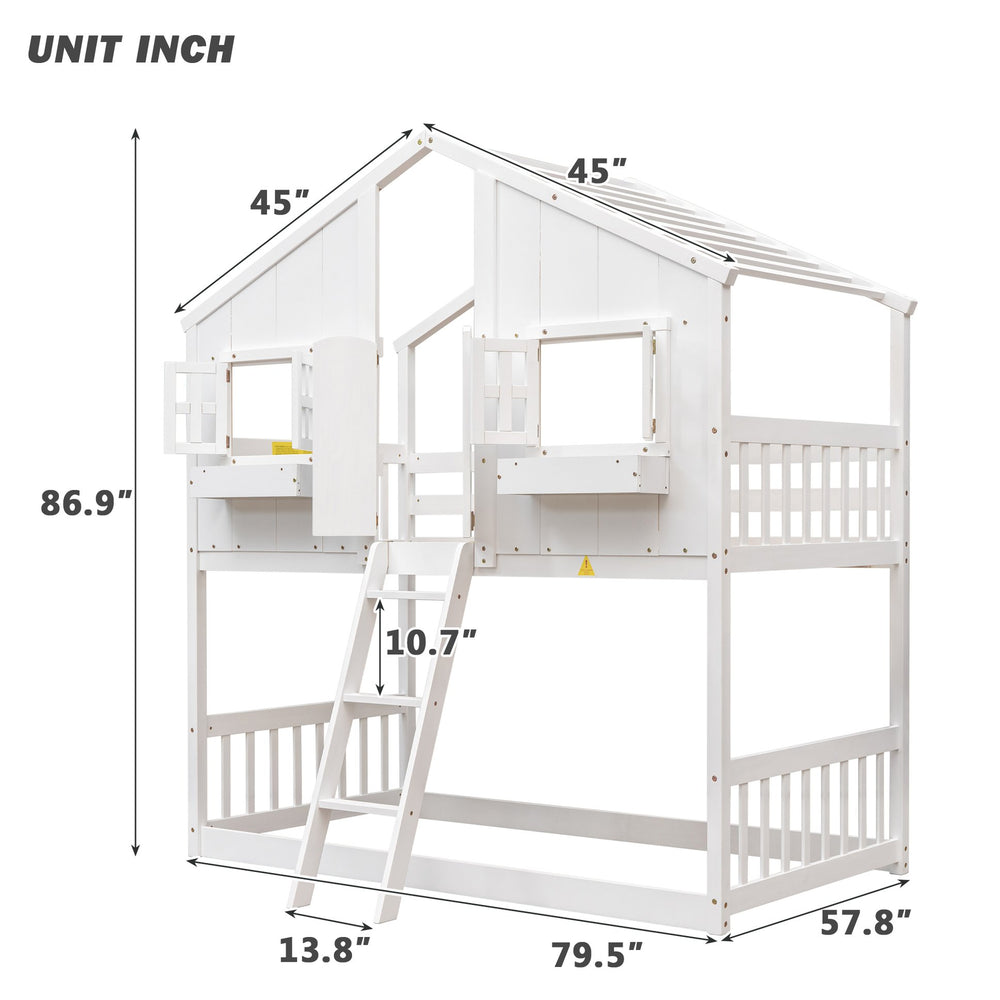 English Elm Twin House Bunk Bed with Roof, Window Box, Door and Full Guardrails for Safe Playful Sleep (Twin) White W504S00069