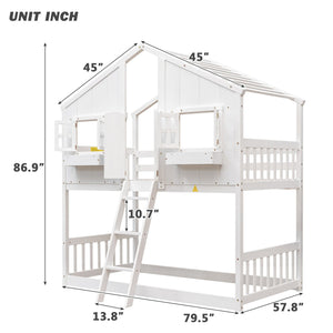 English Elm Twin House Bunk Bed with Roof, Window Box, Door and Full Guardrails for Safe Playful Sleep (Twin) White W504S00069
