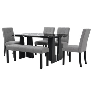 English Elm 6 Piece Dining Set with Rectangular Solid Wood Table, Upholstered Chairs & Bench, Rustic Charm, Easy Assembly, Seats 6 Black+ Gray N752S000011B
