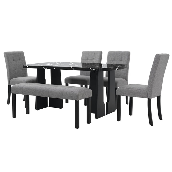 English Elm 6 Piece Dining Set with Rectangular Solid Wood Table, Upholstered Chairs & Bench, Rustic Charm, Easy Assembly, Seats 6 Black+ Gray N752S000011B