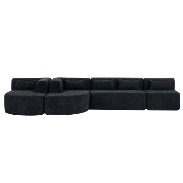 English Elm 144" Upholstered L-Shape Sofa with Bouclé Fabric, Plush Pocket-Spring Seats & Five Pillows for Living Room Black N719S001850B