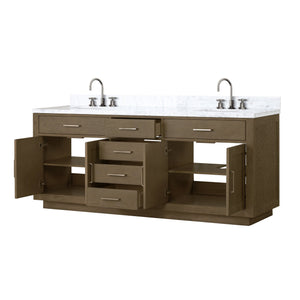 English Elm Grey Oak Double Bath Vanity With Carrara Marble Top, Chrome Faucet Set & Soft-Close Drawers B2731P257825