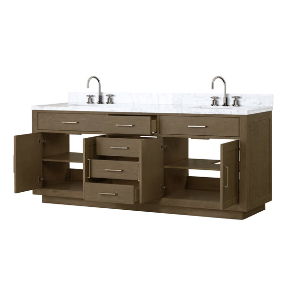 English Elm Grey Oak Double Bath Vanity With Carrara Marble Top, Chrome Faucet Set & Soft-Close Drawers B2731P257825