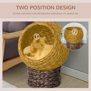 English Elm PawHut Elevated Handwoven Cat Bed with Plush Cushion, Egg-Shaped Cozy Hideaway on Stand for Cats Gray W2225P173748