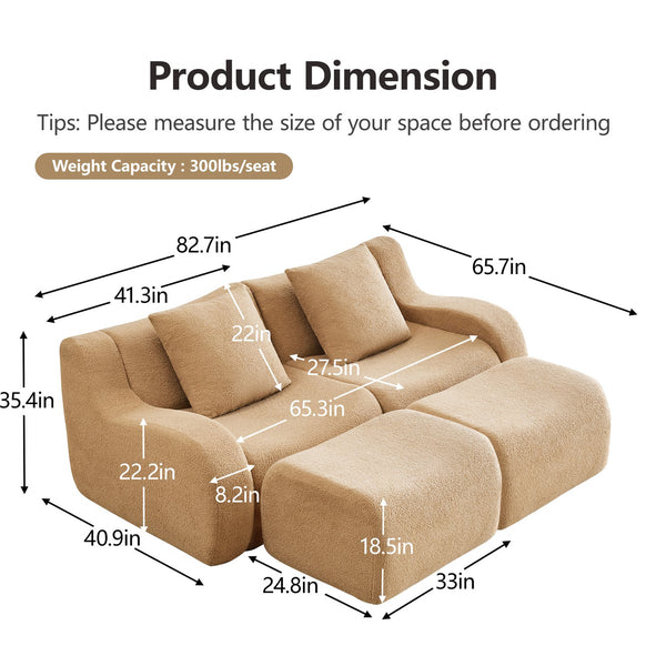 English Elm Soft Teddy Fabric Boneless Sofa with Ergonomic Curved Armrests, 32D High-Density Sponge Comfort and Anti-Slip Base Camel W714S01430
