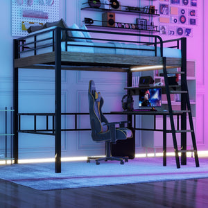 English Elm Metal Full Size Loft Bed with LED Light, Built-In Full-Length Desk, Storage Shelf & Ladder — Space-Saving Industrial Black, Sturdy Metal Frame for Study & Sleep GX001120AAB