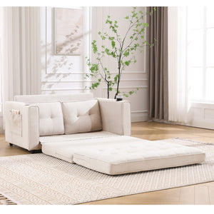 English Elm {VIDEO Modern 3-in-1 Upholstered Futon Sofa Convertible Bed with Tufted Foldable Loveseat, Beige, Storage Cups W2325P195865