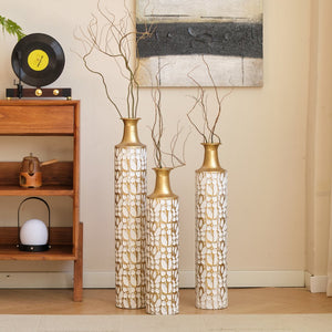 English Elm Floor Antique White Gold Metal Vases Set of 3 (32/28/24") — Tall Decorative Centerpieces for Entryway W2796P193594