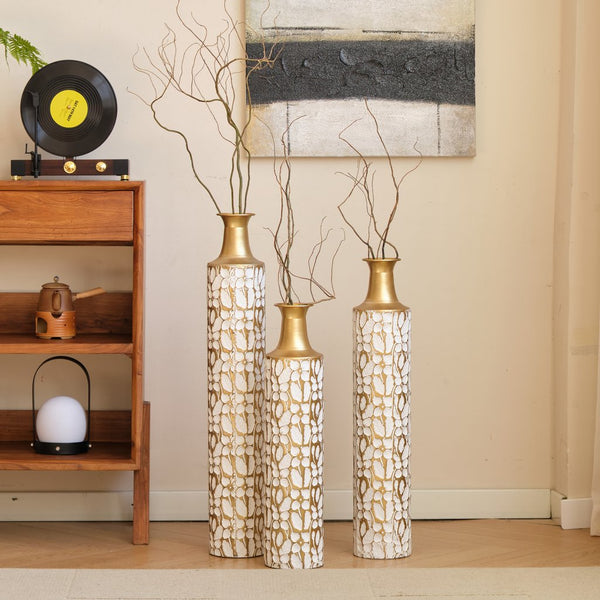 English Elm Floor Antique White Gold Metal Vases Set of 3 (32/28/24") — Tall Decorative Centerpieces for Entryway W2796P193594