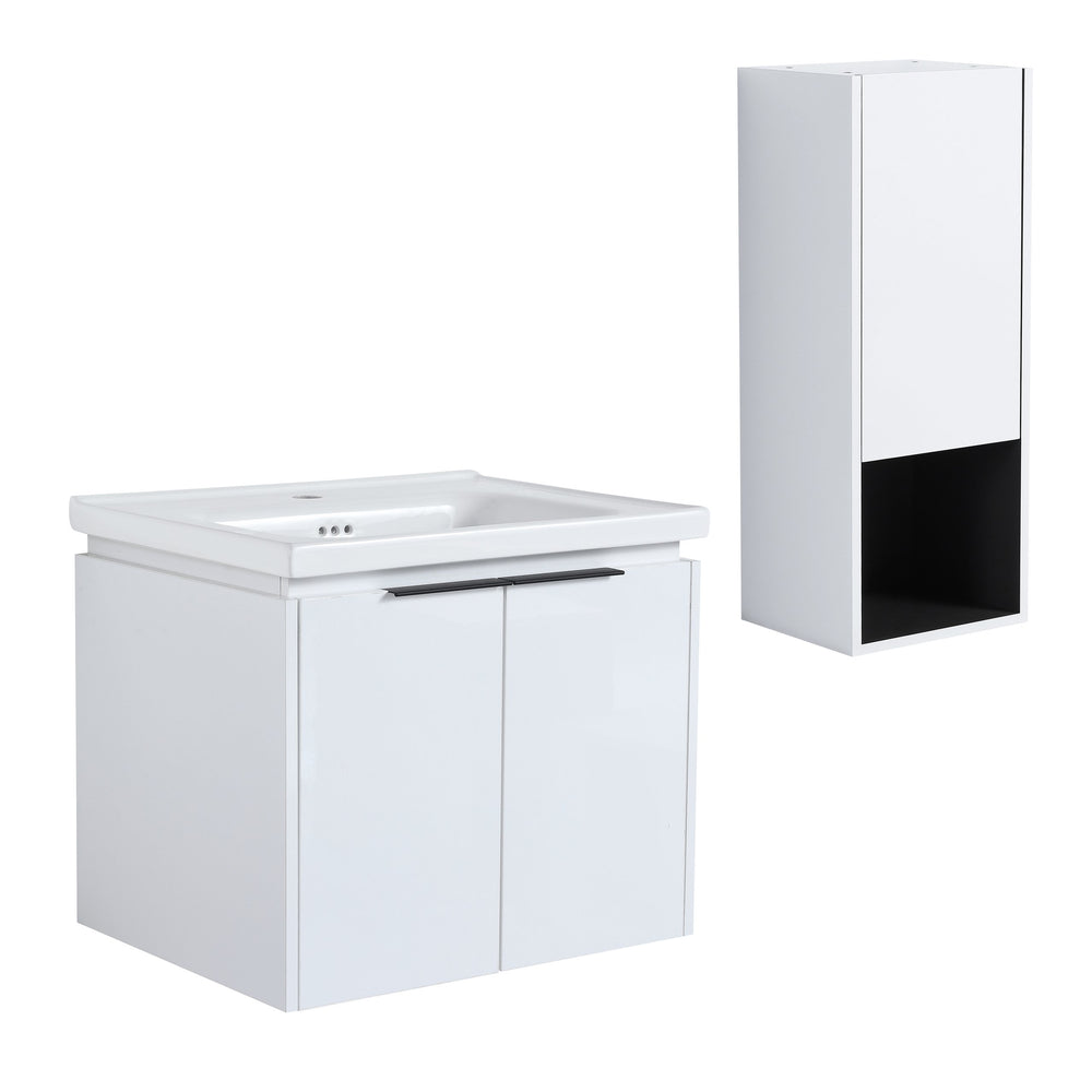 English Elm 24" Wall-Mounted Bathroom Vanity With Ceramic Sink & Side Cabinet - Stylish Soft-Close Design! W999S00333