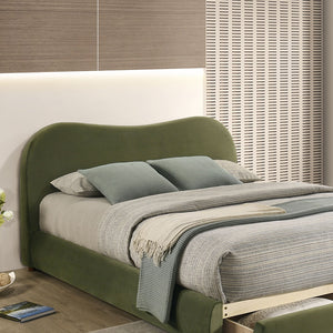 English Elm Olive Curved Upholstered Queen Bed with Built-In Footboard Drawer, Solid Wood Frame, Luxurious Velvet Finish Olive Green 32 L x 21 W x 15 H B2741S00716