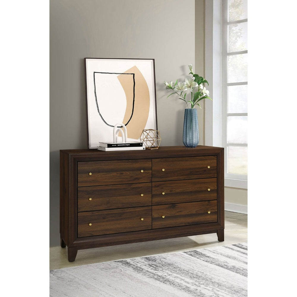English Elm Anza Six Drawer Walnut Grain Dresser with Gold Knobs for Modern Bedroom Storage B062P451889