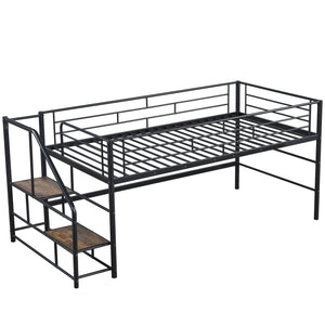 English Elm Mid Mid Loft Bed with Storage Stairs Twin Safety Ladder Low 26.6" Slats Sturdy Metal Frame Black MF323325AAB