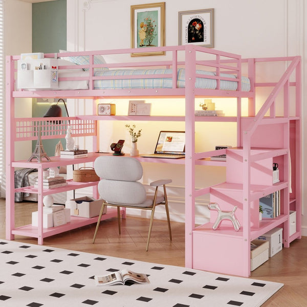 English Elm Full Size Steel Loft Bed with Staircase Storage Wardrobe Desk and Led Lighting Pink W2593S00077